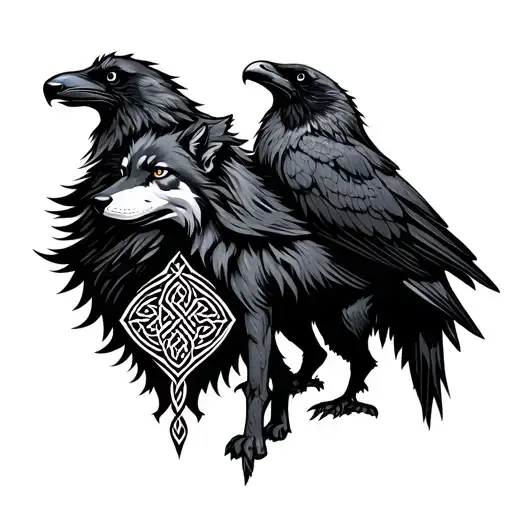 Norse Wolf And Ravens With Norse Knotwork Design Incorporating