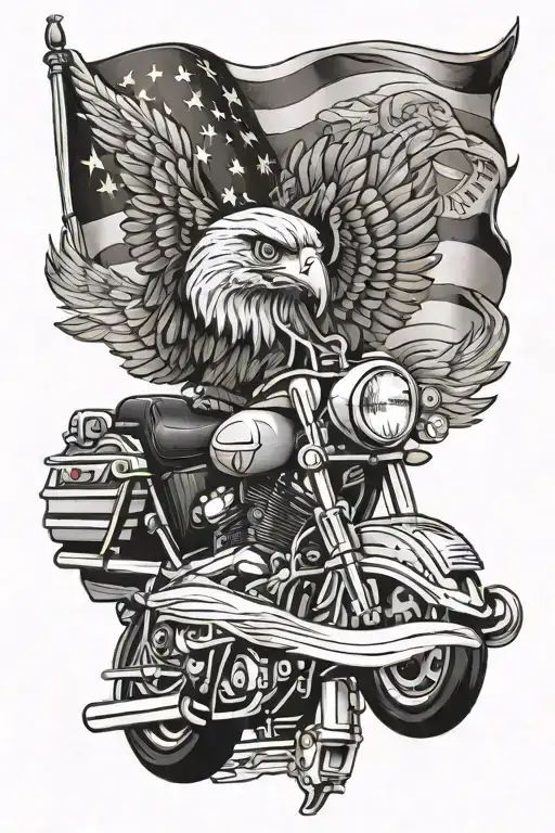 Harley Davidson Logo With A Screaming Eagle On Top And An American Flag And A Harley Engine