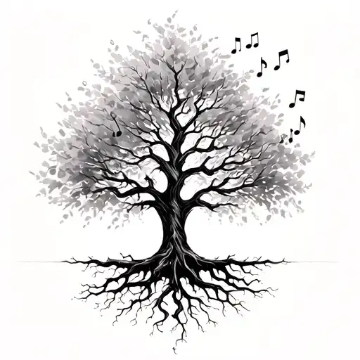 Tree With Roots Musical Notes Floating Gracefully