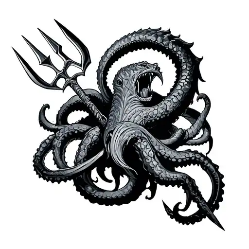 Posedion With A Trident On The Trident Have The Aquarious Symbol Posedion Fighting A Kraken