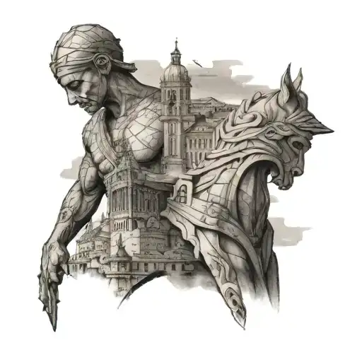 Espartan Worrier In Lisbon City Monuments In Background