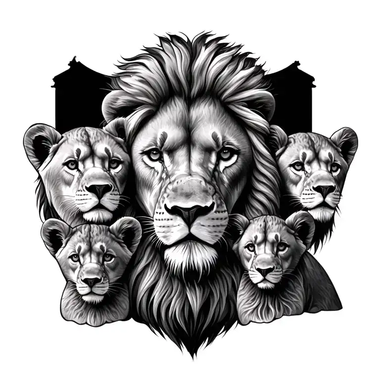 Lion Head And Five Cub Surrounded