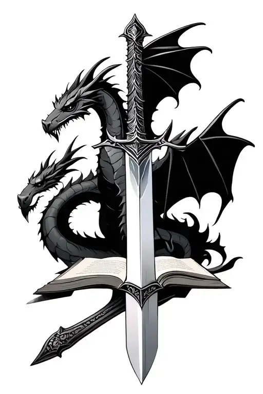 Magical Sword With A Dragon And A Magical Book Open In Front