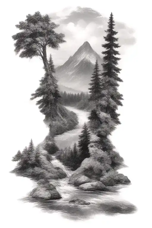 Blue Ridge Mountain Sleeve Tattoo Design Combining River And Forest