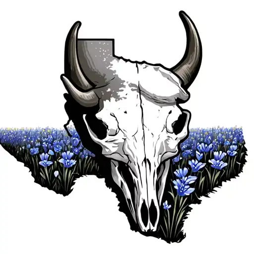 Texas Outline With Longhorn Skull In A Bluebonnet Field