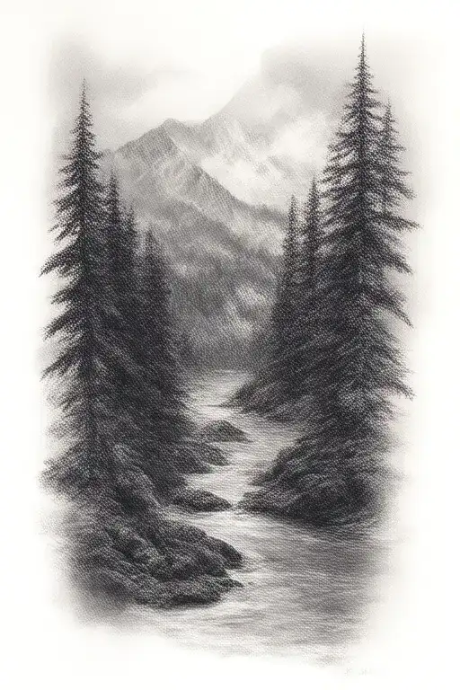 Blue Ridge Mountain Sleeve Tattoo Design Combining River And Forest