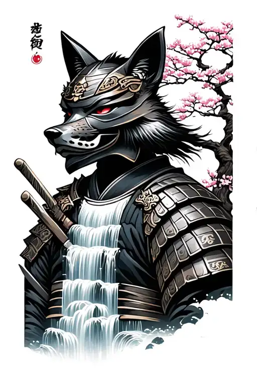 Japanese Samurai Wearing A Kitsune Mask With Waterfall And A Cherry Tree