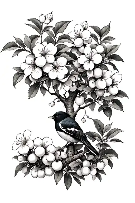 Cherry Fruit Trees With Flowers And A Little Black Bird