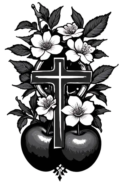 Cherry Fruit Trees With Flowers And Religious Symbol Intertwined