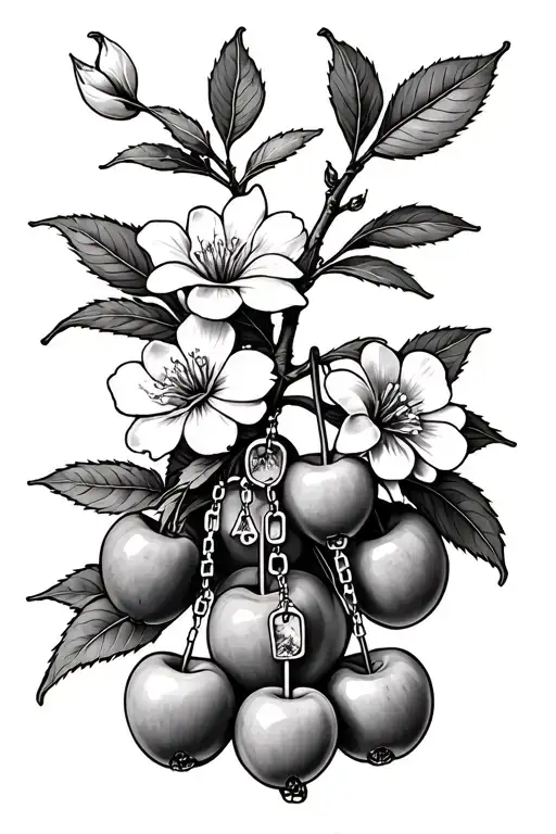 Cherry Fruit Trees With Flowers And A Rosary
