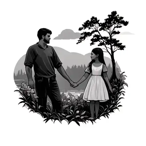 Dad And Daughter Holding Hands Surrounded By Nature