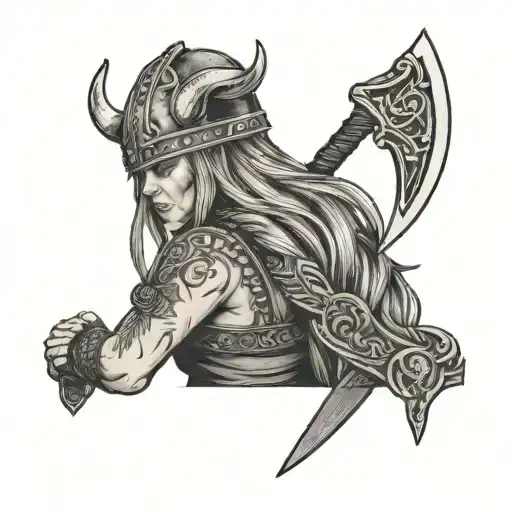 A Viking Woman With A Bull Skull Headdress Holding An Axe