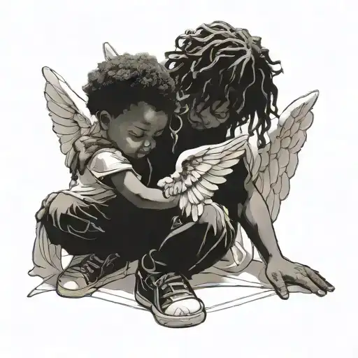 Black Child Kneeling While Being Protected By Angels