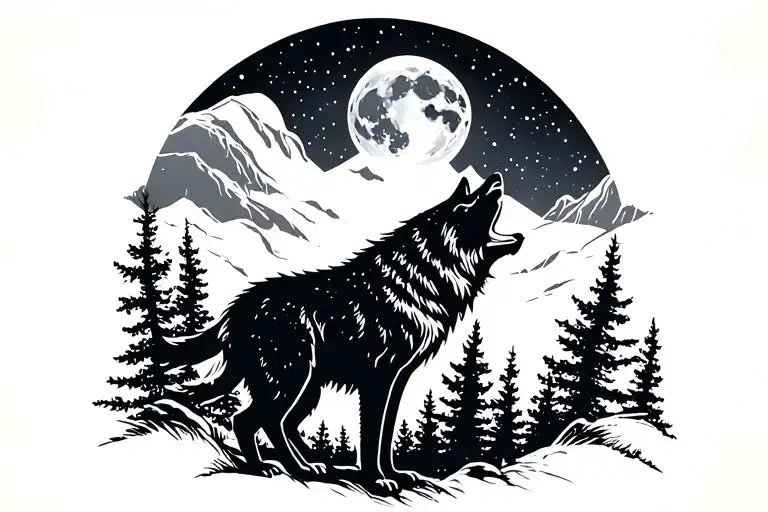 Wolf Howling At Moon Negative Space Inside Forest Silhouette