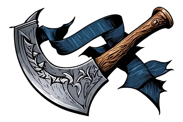 Viking Axe With Broken Handle With Tattered Dark Blue Ribbon