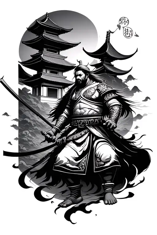 Japanese Warrior And Temple Surrounded