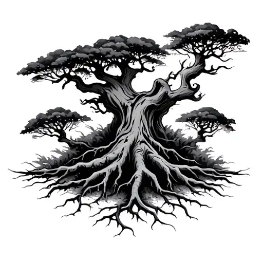 Tree With Barks And Roots Reaching Deep