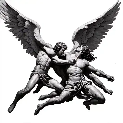 Generate A Tattoo Of Arch Angel Angelo And Micheal Fighting And Beating Lucifer