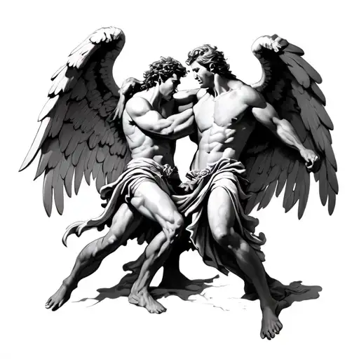 Generate A Tattoo Of Arch Angel Angelo And Micheal Fighting And Beating Lucifer
