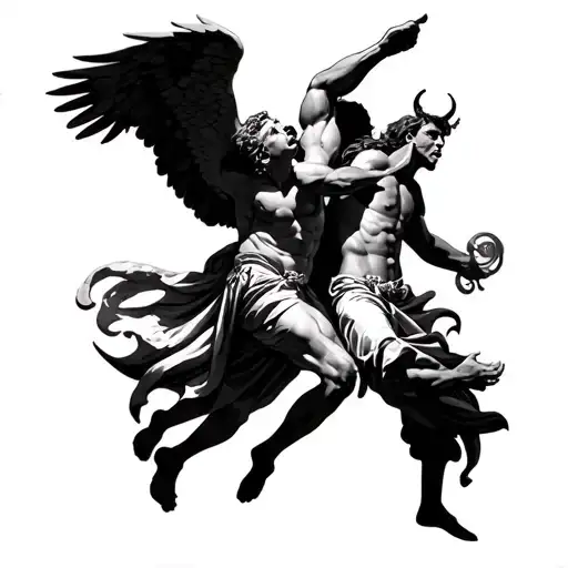 Generate A Tattoo Of Arch Angel Angelo And Micheal Fighting And Beating Lucifer