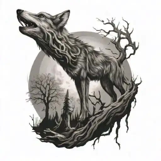 A Surreal Scene Of A Wolf Howling At The Moon From Within A Tree Trunk