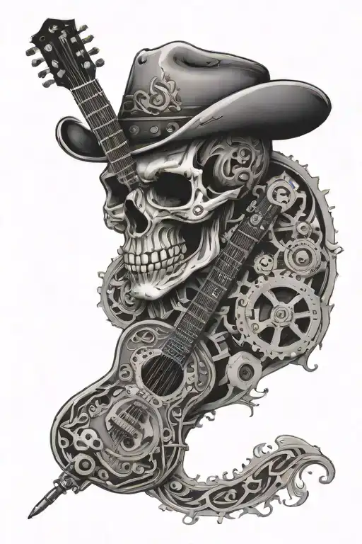A Skull With Gears As Eyes Playing A Guitar