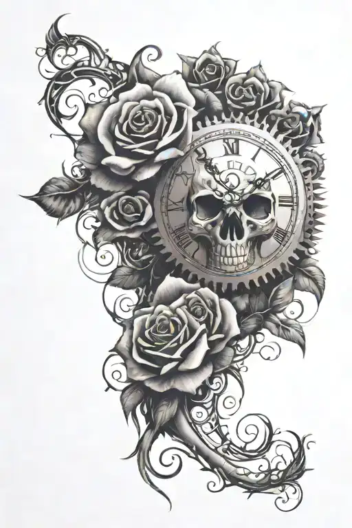 A Sleeve Tattoo Featuring A Skull With Clock Gears As Eyes And Roses Intertwined In The Design