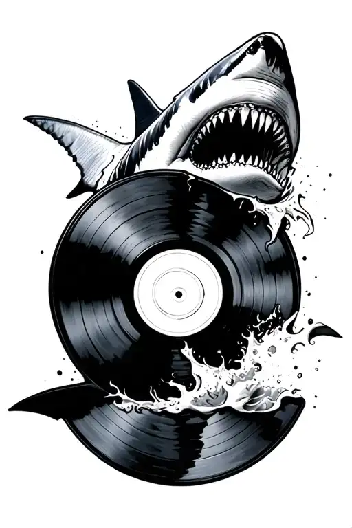 Shark Blackwork Biting A Vinyl Record