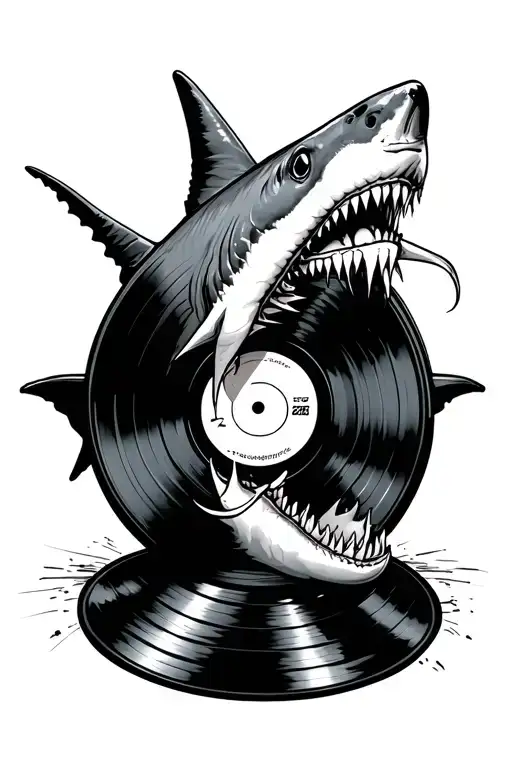 Shark Blackwork Biting A Vinyl Record Viewed From The Top