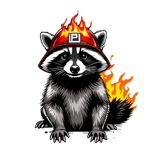 Full Body Raccoon In Fire Helmet And Dumpster Fire