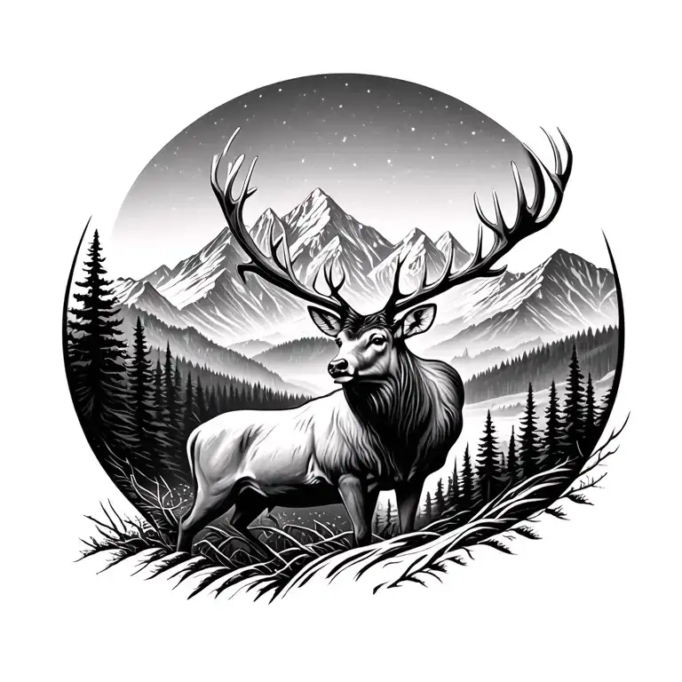 Stag With Mountains Panorama