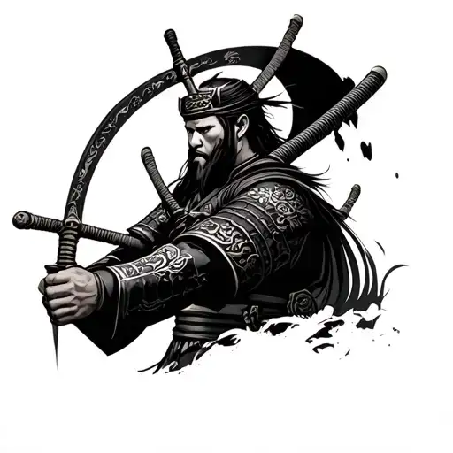 Samurai Full Length With Two Swords On Background Full Arm