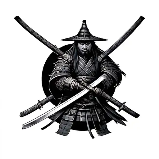 Samurai Full Length With Two Swords On Background Full Arm