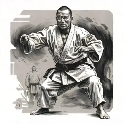 A Detailed Black And Grey Portrait Of A Famous Judo Master Executing A Flawless Throw