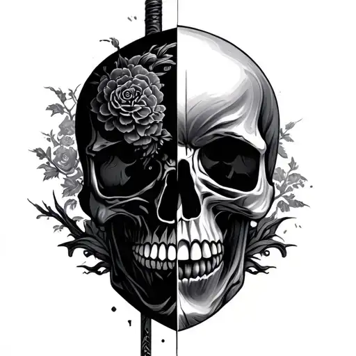 Japanese Style Skull Split In Half By Katana Sword