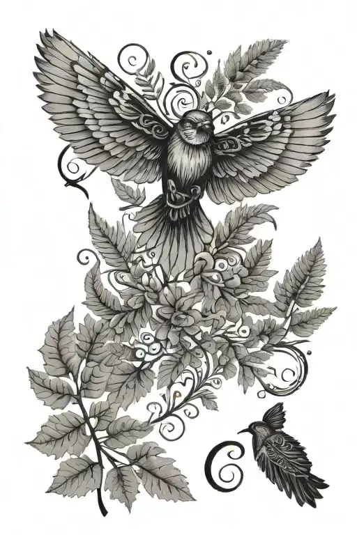 Nordic Style Fern Leaves With Moth And Runes And Ravens