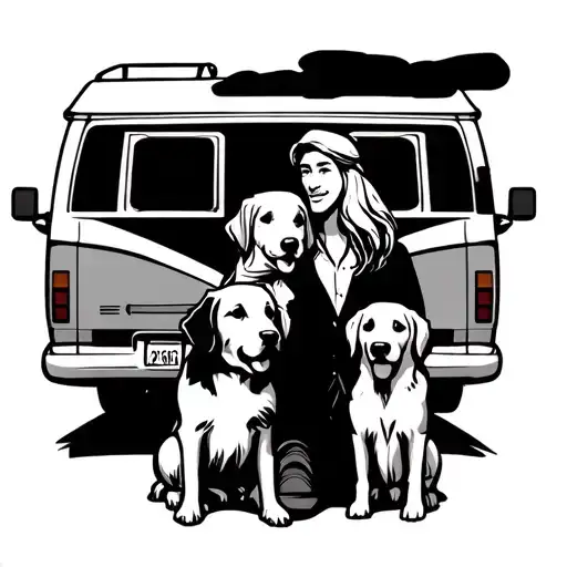 A Husband And Wife With 2 Golden Retrievers Next To A Campervan