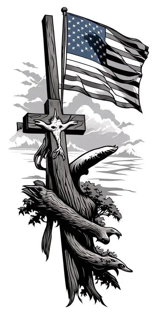 Outside Wildlife Scenery With A Cross And American Flag