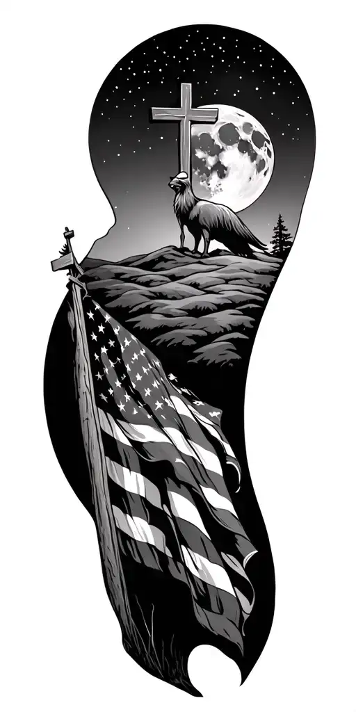 Wildlife Scenery Including The Moon With A Cross And American Flag