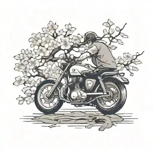 A Mechanic Fixing A Motorbike Under A Cherry Blossom Tree In Japan