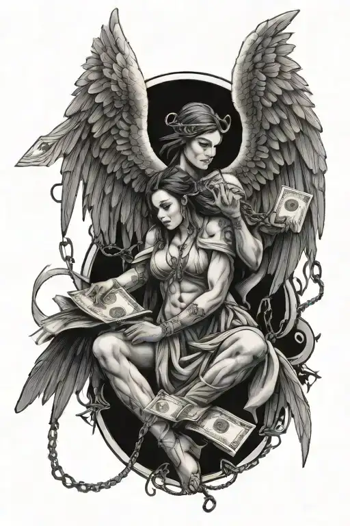 Modern Angel With Money And Success And Dark Style With Chain Broken