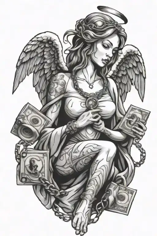 Modern Angel With Money And Success And Dark Style With Chain Broken