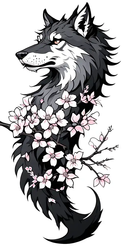 Nordic Fenrir With Sakura Blossoms