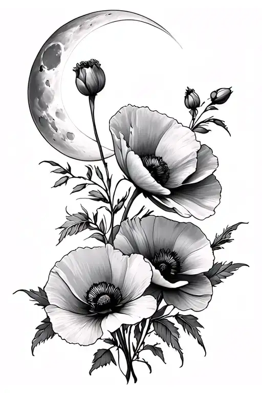 Gladioulus And Poppy Flowers With Moon