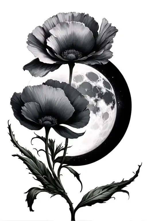 Poppy And Gladiolus With Moon Merging Together