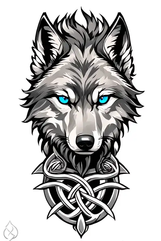 Wolf With Blue Eyes On Armor Tattoo Design Featuring Celtic Trinity Knot