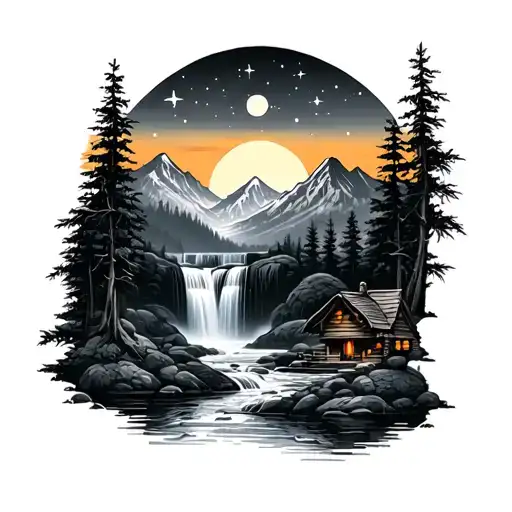 Mountain Stars Panda Bamboo River Waterfall Forest Mountain Sunrise Cabin