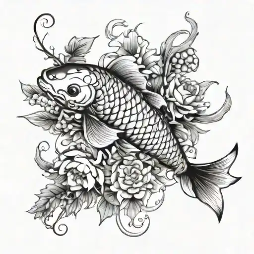 A Koi Fish With Plants And Vines Flowers Growing Around It
