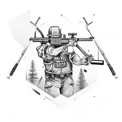 A Construction-themed Tattoo With A Hunting Rifle And Fishing Rod Crossed Over A Hammer And Wrench