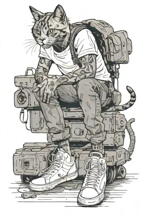 A Boy In Black Cargo Pants And A White T-shirt With Bare Hair And White Shoes Next To A Cat